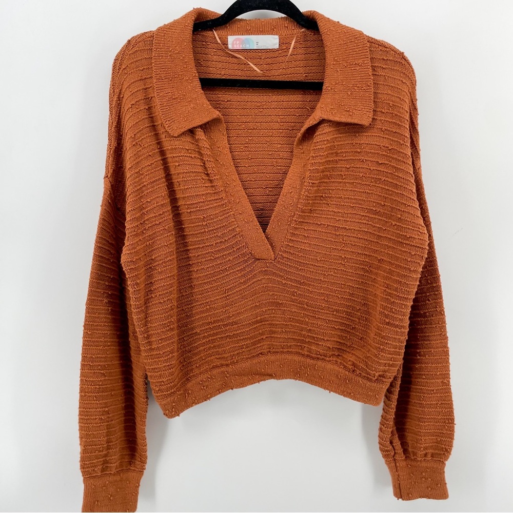 Free People Beach V-Neck Sweater Textured Collar Rust Orange XS